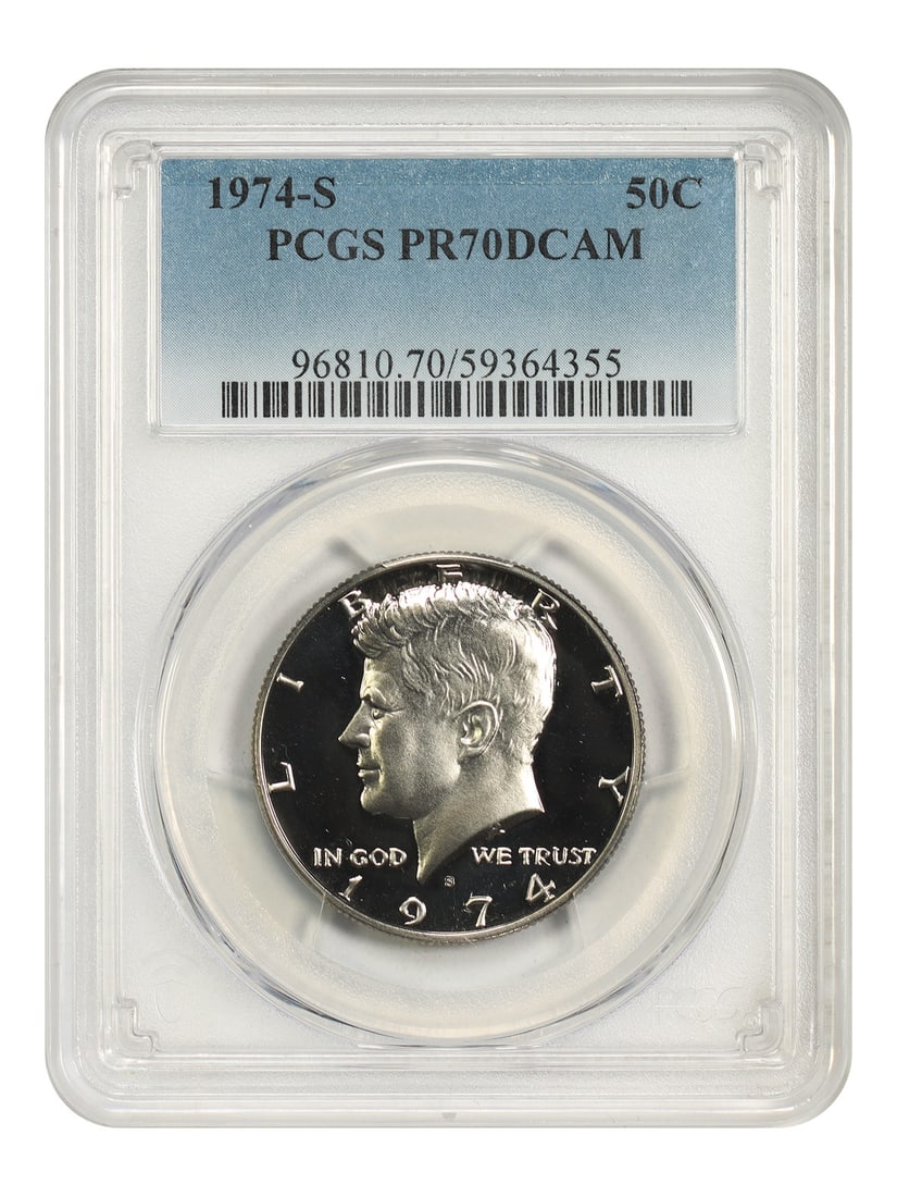 PCGS PR70DCAM 1974-S Kennedy Half Dollar 50C: PCGS PR70DCAM 1974-S Kennedy Half Dollar 50C 1974-S Kennedy Half Dollar, denomination 50C, struck at the San Francisco Mint and certified by PCGS as PR70DCAM. The coin is listed as uncirculated and pr