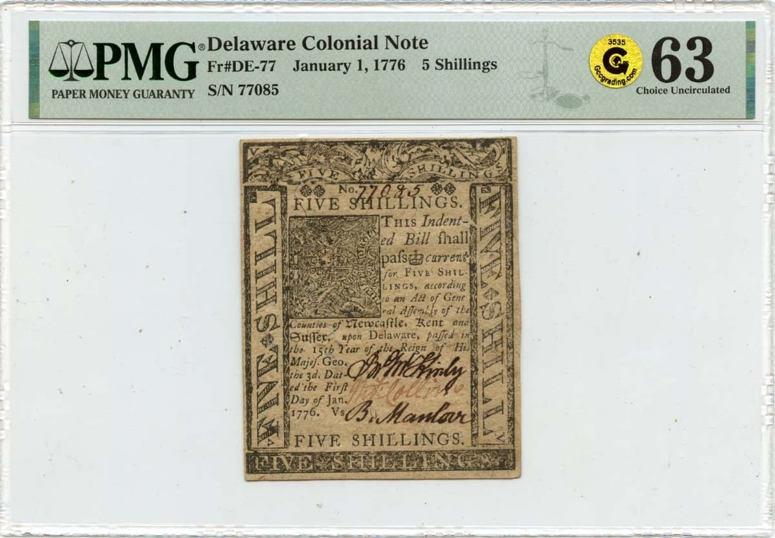 1776 Delaware 5 Shillings Colonial Note Type DE-77 PMG MS63: 1776 Delaware 5 Shillings Colonial Note Type DE-77 PMG MS63 This 1776 Delaware Colonial Note is a remarkable piece of history, featuring a denomination of 5 shillings. Graded MS63 by PMG, it is in unc