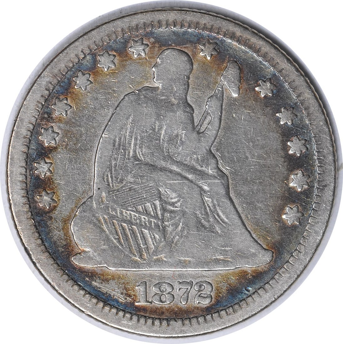 1872 Liberty Seated Silver Quarter 90% Silver Uncertified Philadelphia Mint: 1872 Liberty Seated Silver Quarter 90% Silver Uncertified Philadelphia Mint This 1872 Liberty Seated Silver Quarter features a classic design by Robert Ball Hughes and Christian Gobrecht. The coin is 