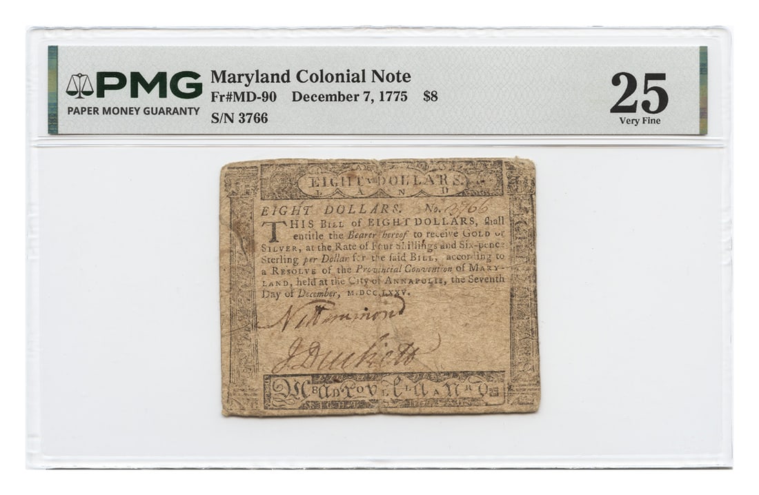1775 Maryland Colonial Currency Note $8 PMG VF25: 1775 Maryland Colonial Currency Note $8 PMG VF25 Maryland Colonial Currency $8 note dated Dec. 7, 1775, certified by PMG and graded VF25. The note is circulated and pre-owned. Specifications Denominat