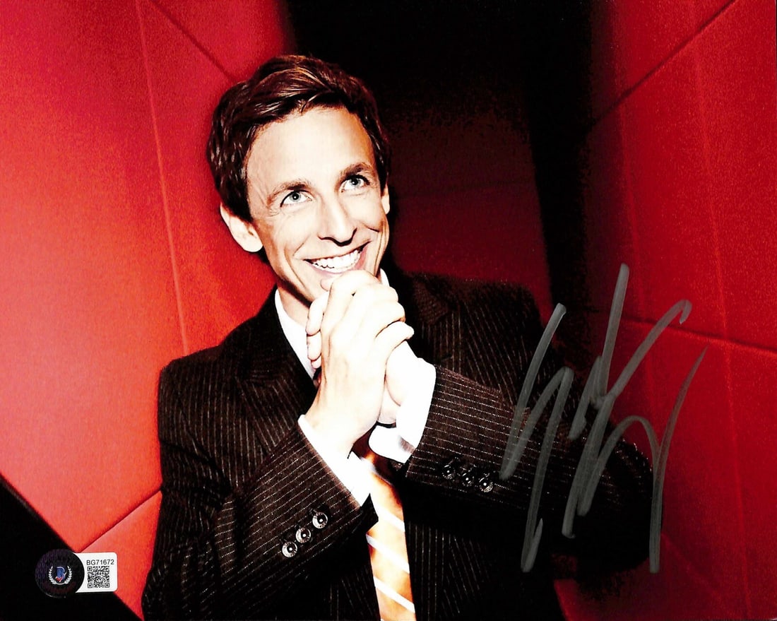 Seth Meyers Signed 8x10 Photograph with Beckett Certification: Seth Meyers Signed 8x10 Photograph with Beckett Certification This is an autographed 8x10 color photograph of Seth Meyers from his first season on Saturday Night Live. The signature is rendered in sil