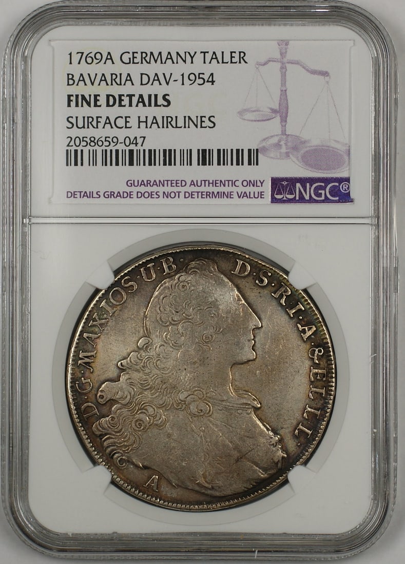 1769A Bavaria Taler Silver Germany DAV-1954 NGC Certified Fine Details: 1769A Bavaria Taler Silver Germany DAV-1954 NGC Certified Fine Details This is a 1769A Bavaria Germany Taler silver coin, certified by NGC with a grade of Fine Details. The coin is circulated and orig