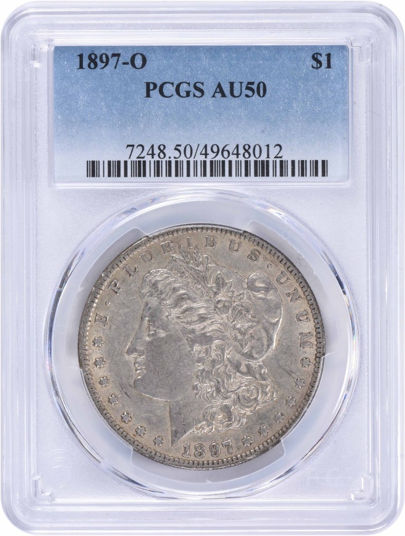 1897-O Morgan Silver Dollar AU50 PCGS Certified Coin: 1897-O Morgan Silver Dollar AU50 PCGS Certified Coin This 1897-O Morgan Silver Dollar is a remarkable piece, certified by PCGS and graded AU50. Struck in 90% silver and 10% copper, this coin showcases