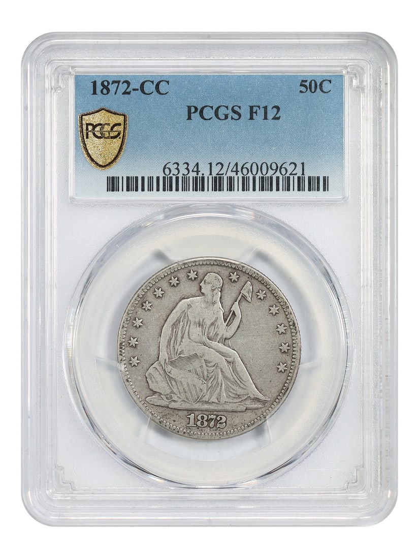 Liberty Seated Half Dollar 1872-CC 50C PCGS F12: Liberty Seated Half Dollar 1872-CC 50C PCGS F12 An 1872-CC Liberty Seated Half Dollar certified by PCGS and graded Fine 12. This Carson City issue is circulated and described as having wholesome CC-mi