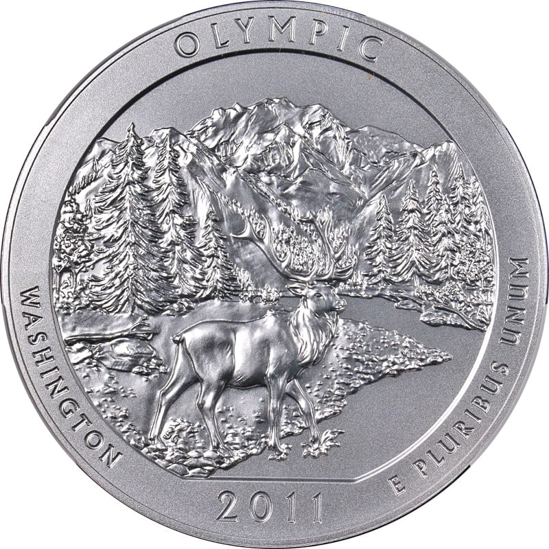 2011 P Olympic National Park 5 Ounce Silver NGC SP70: 2011 P Olympic National Park 5 Ounce Silver NGC SP70 This 2011-P Olympic National Park America the Beautiful (ATB) coin is struck in 5 ounces of .999 fine silver. Graded SP70 by NGC, it is in uncircul