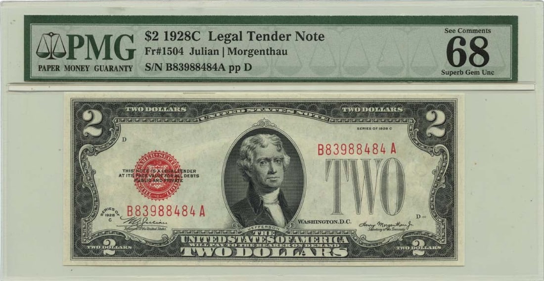 1928C $2 Legal Tender Note Fr# 1504 PMG Gem 68 EPQ Uncirculated: 1928C $2 Legal Tender Note Fr# 1504 PMG Gem 68 EPQ Uncirculated This 1928C $2 Legal Tender Note, designated Fr# 1504, is an exceptional collectible certified by PMG with a grade of Gem 68 EPQ. This un