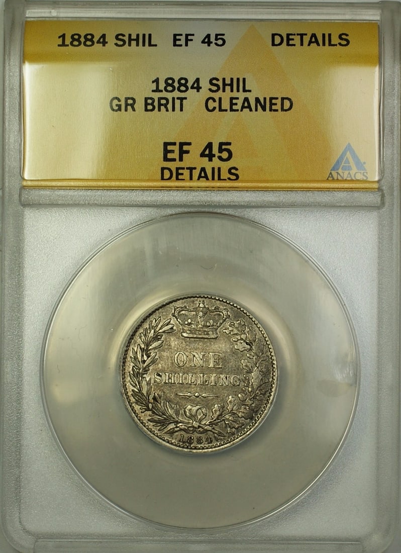 ANACS EF-45 1884 United Kingdom Silver Shilling Certified Coin: ANACS EF-45 1884 United Kingdom Silver Shilling Certified Coin This is an 1884 Great Britain 1 shilling silver coin, certified by ANACS with a grade of EF-45 Details. The coin is circulated and has be