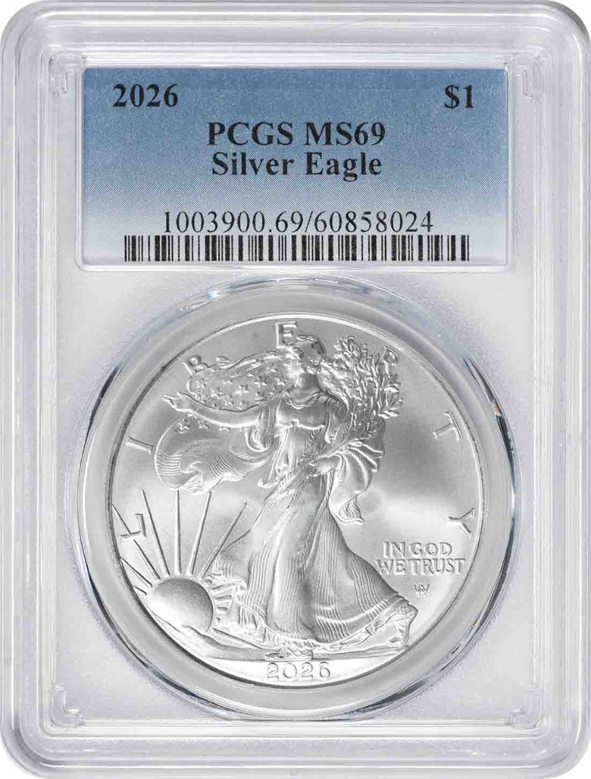 PCGS MS69 2026 American Eagle Silver Dollar 1 oz: PCGS MS69 2026 American Eagle Silver Dollar 1 oz This 2026 $1 American Silver Eagle coin is graded MS69 by PCGS. Struck by the U.S. Mint, it contains 1 ounce of .999 fine silver. The coin is pre-owned