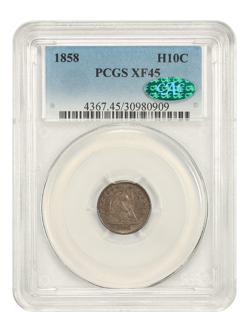 1858 Liberty Seated Half Dime H10C PCGS XF45 CAC: 1858 Liberty Seated Half Dime H10C PCGS XF45 CAC 1858 Liberty Seated Half Dime, denomination H10C, minted in Philadelphia. This circulated coin is certified by PCGS and carries certification number 30