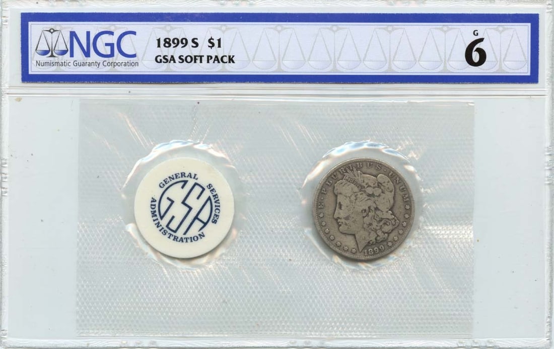 GSA Soft Pack 1899-S Morgan Dollar NGC Certified San Francisco Mint: GSA Soft Pack 1899-S Morgan Dollar NGC Certified San Francisco Mint This 1899-S Morgan Dollar is housed in a GSA soft pack and certified by NGC with Grade G6. Minted in San Francisco, this circulated 