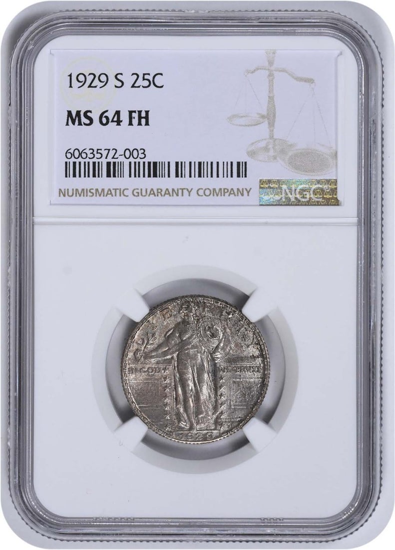 NGC MS64FH 1929 S Standing Liberty 25C Silver Quarter: NGC MS64FH 1929 S Standing Liberty 25C Silver Quarter 1929-S Standing Liberty Silver Quarter certified by NGC and graded MS64FH. This uncirculated United States coin has a silver composition and a den