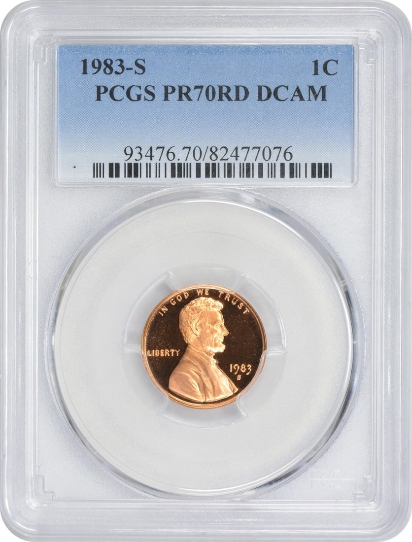 PCGS PR70RD DCAM 1983-S Lincoln Memorial Proof Small Cent: PCGS PR70RD DCAM 1983-S Lincoln Memorial Proof Small Cent This 1983-S Lincoln Cent is a proof coin graded PR70RD Deep Cameo by PCGS. Struck at the San Francisco Mint, it features a copper-plated zinc 