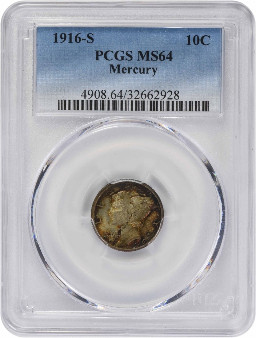 PCGS MS64 1916 San Francisco Mercury Dime 90 Percent Silver: PCGS MS64 1916 San Francisco Mercury Dime 90 Percent Silver This 1916-S Mercury Dime is certified MS64 by PCGS and features the iconic design by Adolph Alexander Weinman. Struck in San Francisco, this