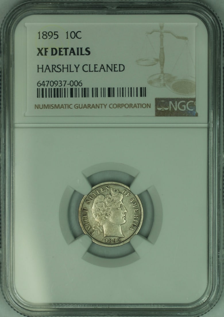 NGC XF Details 1895 Silver Dime Barber 10C Philadelphia Cleaned: NGC XF Details 1895 Silver Dime Barber 10C Philadelphia Cleaned This is an 1895 Barber Silver Dime from the United States, featuring a denomination of 10 cents. The coin is composed of 90% silver and 