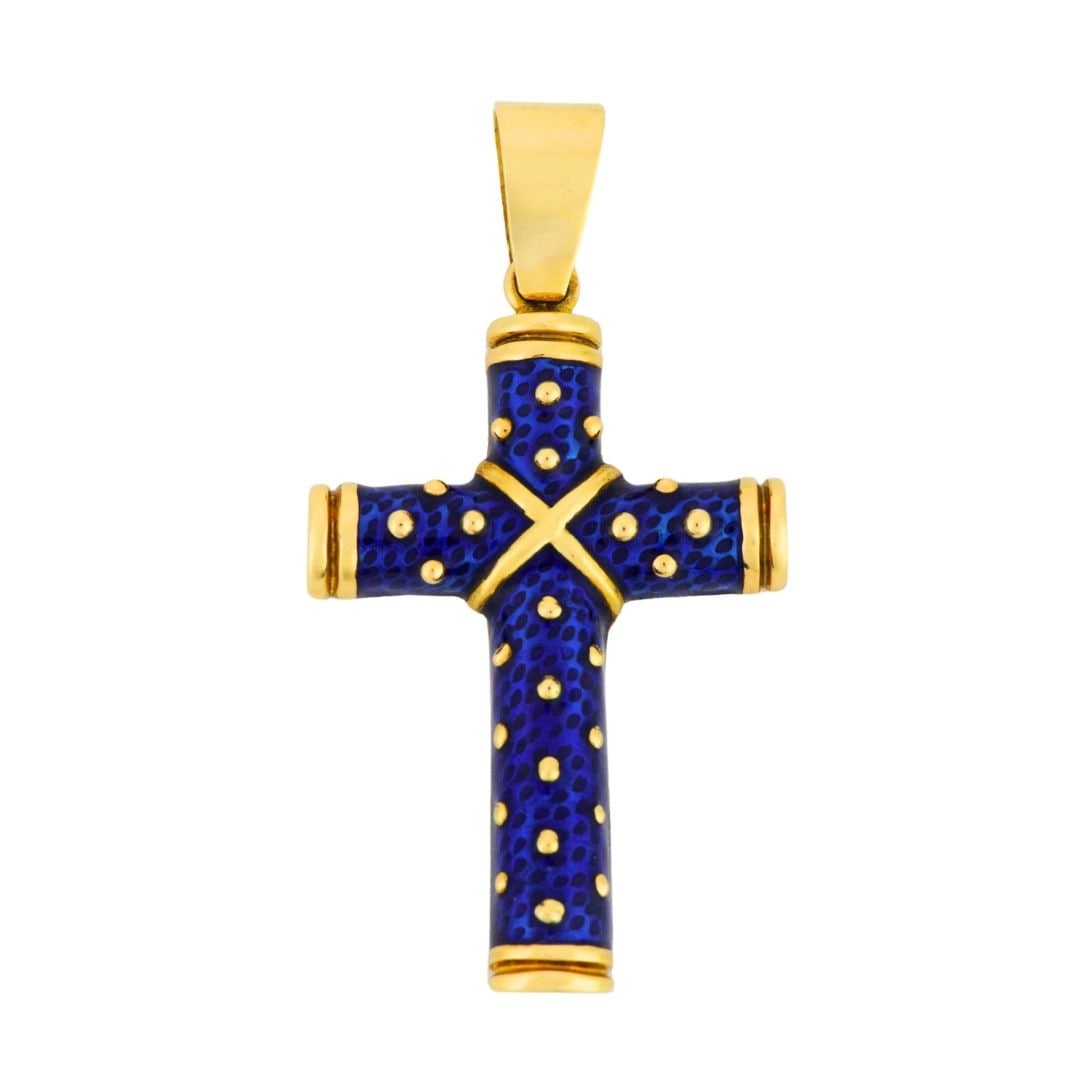 Blue enamel cross amulet pendant in 18K yellow gold (1 of 5)
