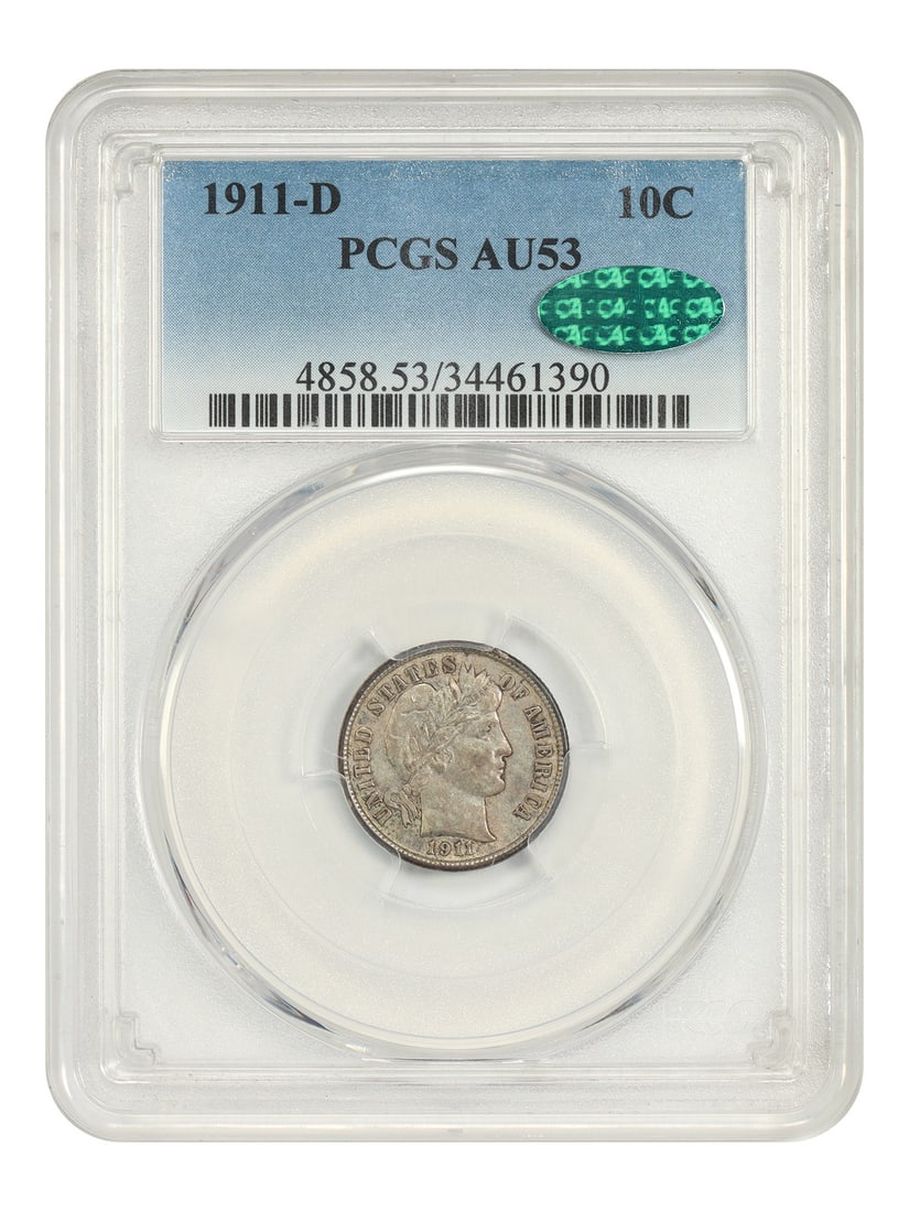 Barber Dime 1911-D 10C PCGS AU53 CAC: Barber Dime 1911-D 10C PCGS AU53 CAC A 1911-D Barber Dime in circulated condition, certified by PCGS as AU53 and accompanied by CAC approval. The coin is a pre-owned example from the Denver mint. Spec