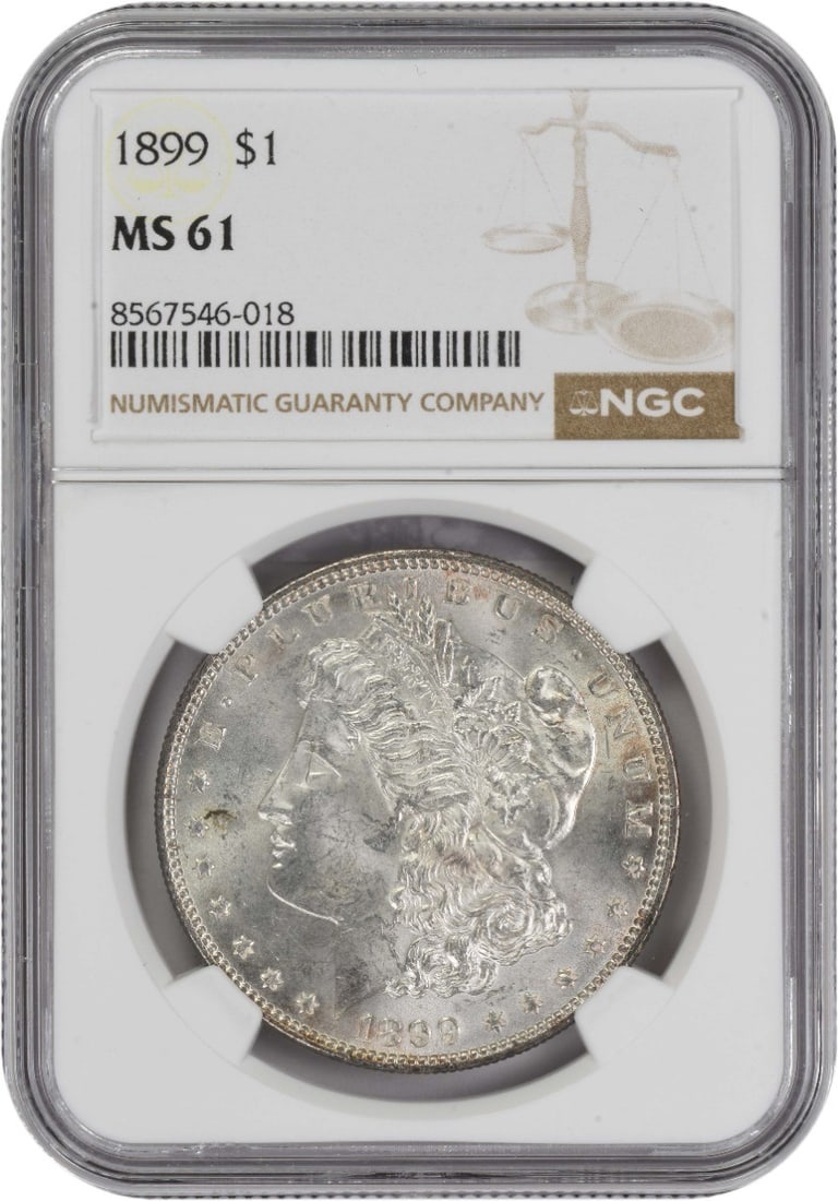 1899 Uncirculated Morgan Silver Dollar MS61 NGC Certified: 1899 Uncirculated Morgan Silver Dollar MS61 NGC Certified This 1899 Morgan Silver Dollar is a remarkable piece for collectors, showcasing its uncirculated condition with a grade of MS61 from NGC. Mint