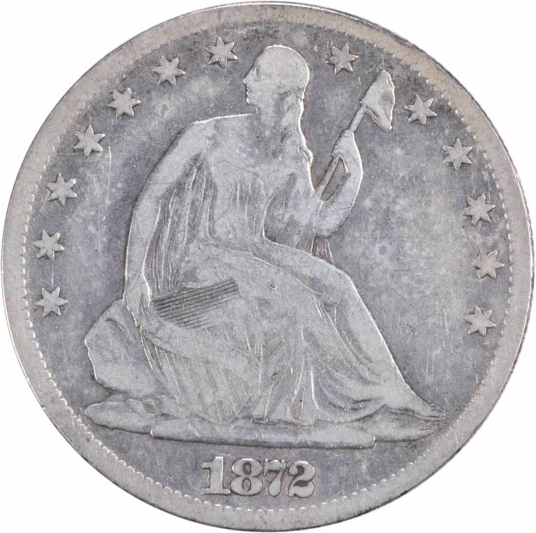 1872-CC Liberty Seated Half Dollar 90% Silver Uncertified Coin: 1872-CC Liberty Seated Half Dollar 90% Silver Uncertified Coin This 1872-CC Liberty Seated Silver Half Dollar showcases a rich history, minted in Carson City. The coin features the iconic Seated Liber