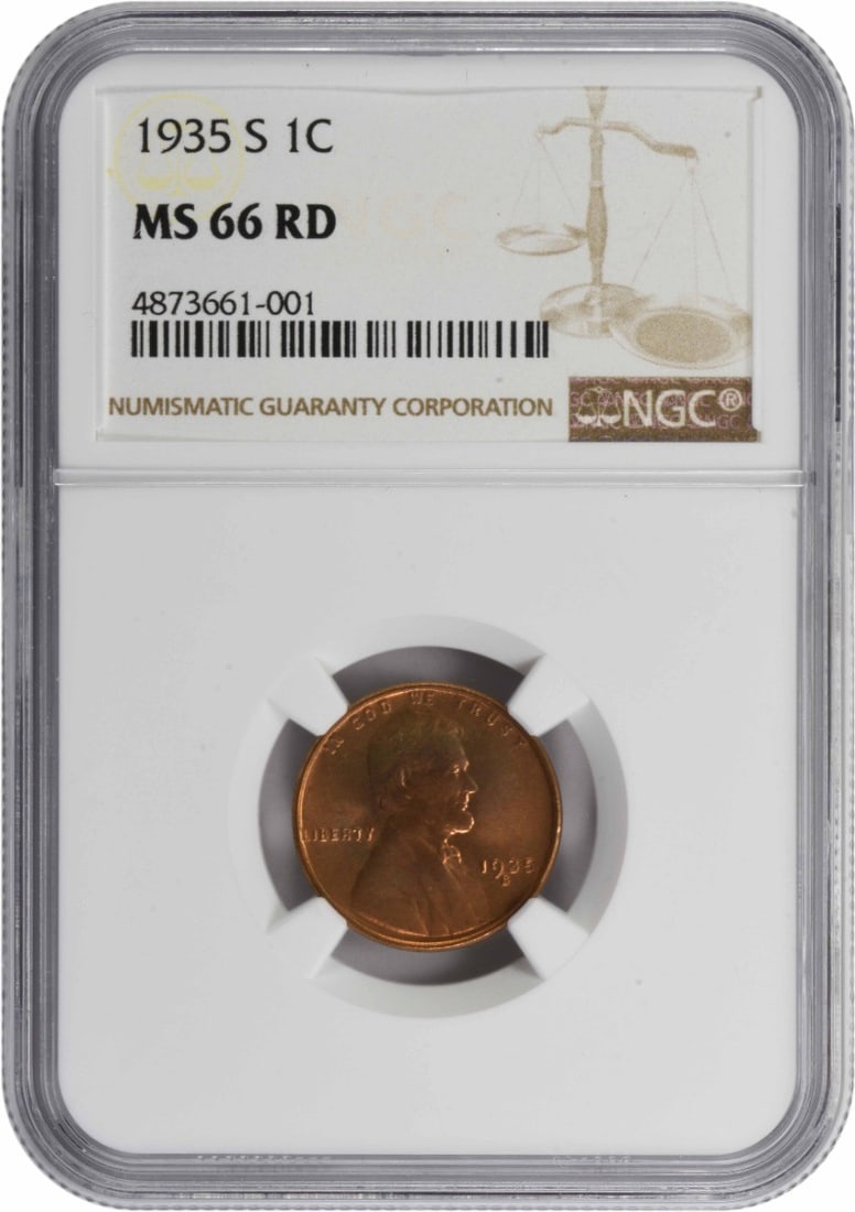 NGC MS66RD 1935-S Lincoln Wheat Cent Copper: NGC MS66RD 1935-S Lincoln Wheat Cent Copper This is a 1935-S Lincoln Wheat Cent graded MS66 Red by NGC. The coin is uncirculated and encapsulated in a protective holder. It is composed of copper and w