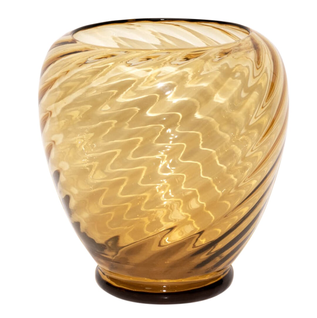 Steuben French Art Glass Olive Green Ribbed Spiral Vase: Steuben French Art Glass Olive Green Ribbed Spiral Vase This Steuben table vase features an elegant olive green color with a spiral ribbed design. Crafted using an etched glassmaking technique, it sho
