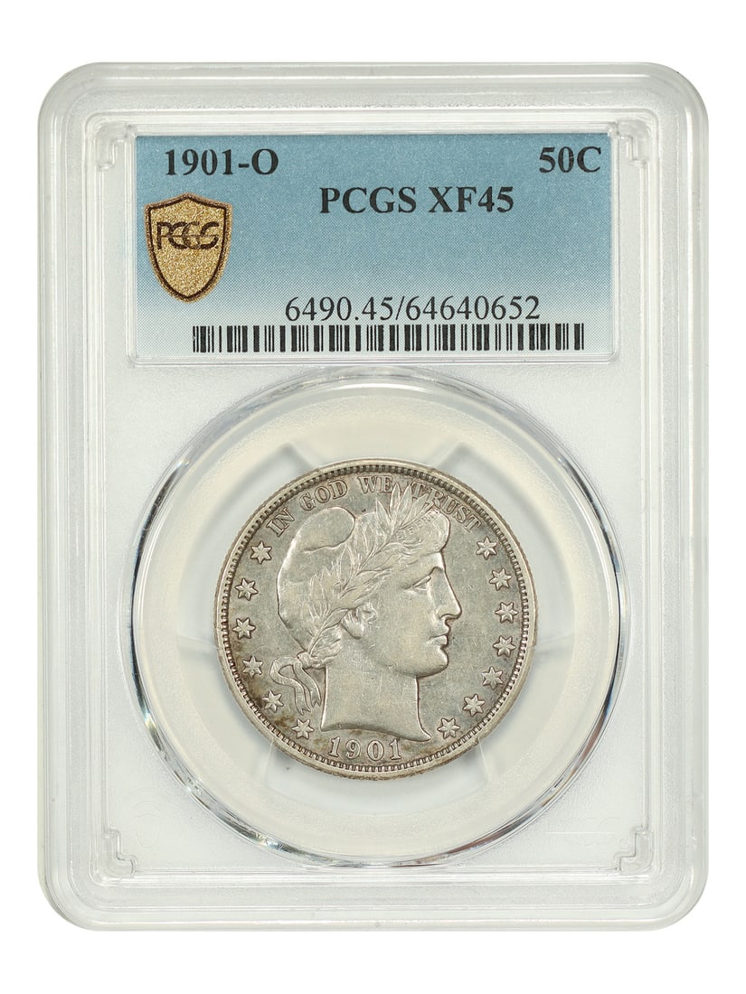 PCGS XF45 1901 O Barber Half Dollar 50C: PCGS XF45 1901 O Barber Half Dollar 50C A naturally toned 1901-O Barber Half Dollar in circulated condition, certified by PCGS as XF45. This example shows a nice amount of remaining luster in the devi