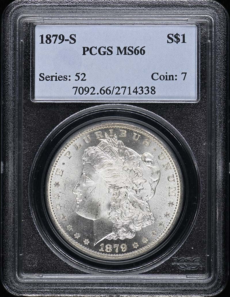 PCGS MS66 1879-S Morgan Silver Dollar: PCGS MS66 1879-S Morgan Silver Dollar This is an 1879 Morgan Dollar minted in San Francisco and graded MS66 by PCGS. The coin is uncirculated and comes with PCGS certification. It is a pre-owned colle