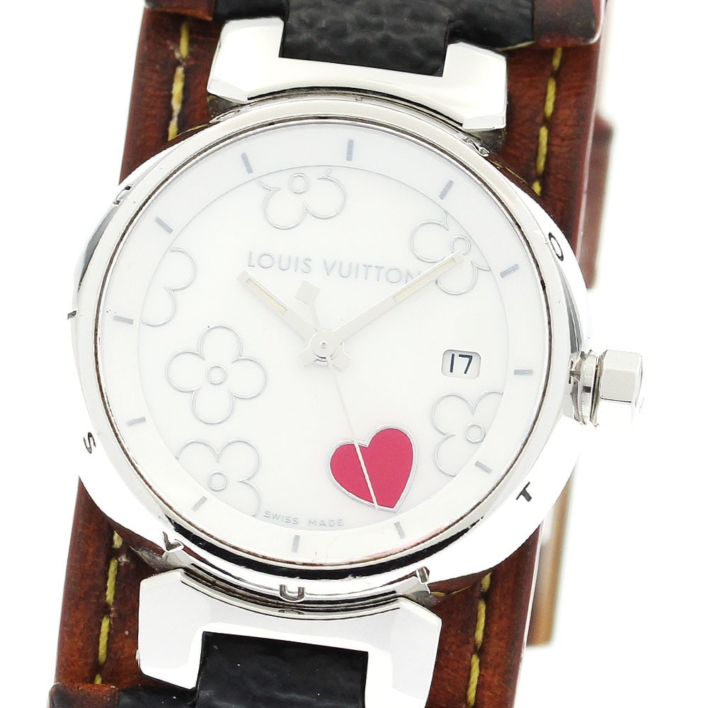 Louis Vuitton Tambour Lovely Heart quartz date watch: Louis Vuitton Tambour Lovely Heart quartz date watch This is a pre-owned Louis Vuitton Tambour Lovely Heart women's wristwatch, model Q121A. The watch features a stainless steel case and a leather str