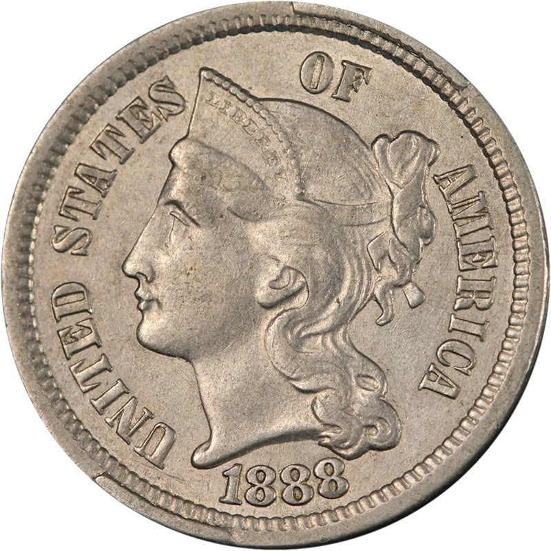 1888 US 3 Cent Nickel Two CUDS Obverse Choice AU BU: 1888 US 3 Cent Nickel Two CUDS Obverse Choice AU BU This 1888 Three Cent Nickel coin features two CUDS on the obverse and is graded Choice About Uncirculated to Brilliant Uncirculated (AU/BU). It disp