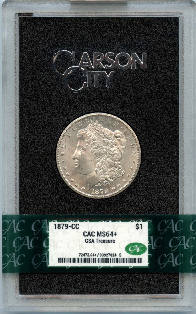1879 Carson City Morgan Dollar GSA Hoard MS64 Plus CACG CAC Certified: 1879 Carson City Morgan Dollar GSA Hoard MS64 Plus CACG CAC Certified This 1879-CC Morgan Dollar is an uncirculated coin from the GSA Hoard, certified by CACG with a grade of MS64+ and an additional C