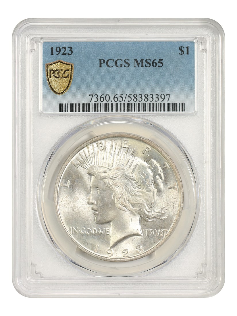 PCGS MS65 1923 Peace Dollar $1 Philadelphia Issue: PCGS MS65 1923 Peace Dollar $1 Philadelphia Issue 1923 $1 Peace Dollar certified by PCGS with an MS65 grade. This Philadelphia-minted example is uncirculated and presented as a popular collector date 