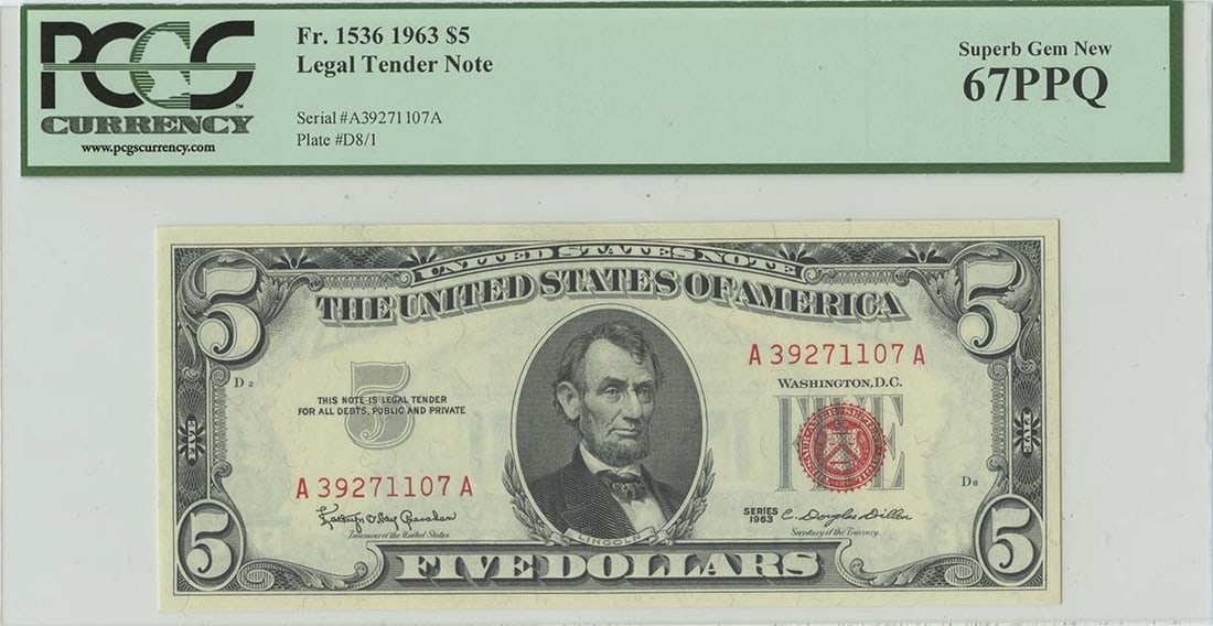 1963 $5 Legal Tender Note FR#1536 PCGS 67 Superb Gem: 1963 $5 Legal Tender Note FR#1536 PCGS 67 Superb Gem This is a 1963 $5 Legal Tender Note (FR#1536) graded as MS67 by PCGS Currency, showcasing a superb gem quality. The note is uncirculated, ensuring 