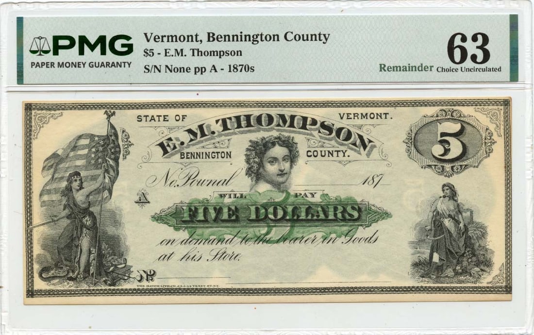 Bennington County Vermont Obsolete Five Dollar Note PMG Certified Uncirculated (1 of 2)