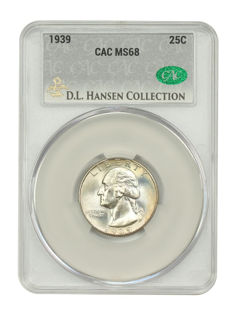 CACG MS68 1939 Washington Quarter 25C ex D.L. Hansen: CACG MS68 1939 Washington Quarter 25C ex D.L. Hansen 1939 Washington Quarter graded MS68 and certified by CACG. This uncirculated 25C coin is from the Philadelphia mint and is identified as ex: D.L. H