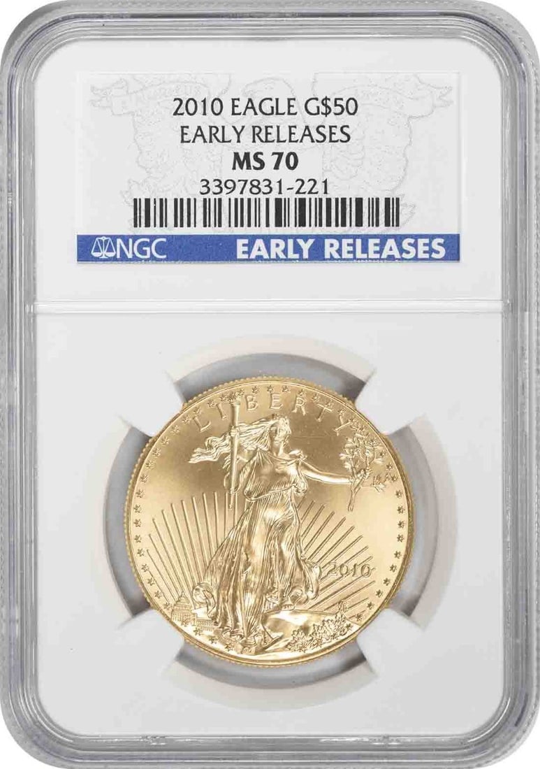 2010 NGC MS70 American Gold Eagle Coin 1 oz Certified: 2010 NGC MS70 American Gold Eagle Coin 1 oz Certified This 2010 $50 American Gold Eagle coin is a stunning example of numismatic excellence, graded MS70 by NGC. Crafted from 91.67% gold, with addition