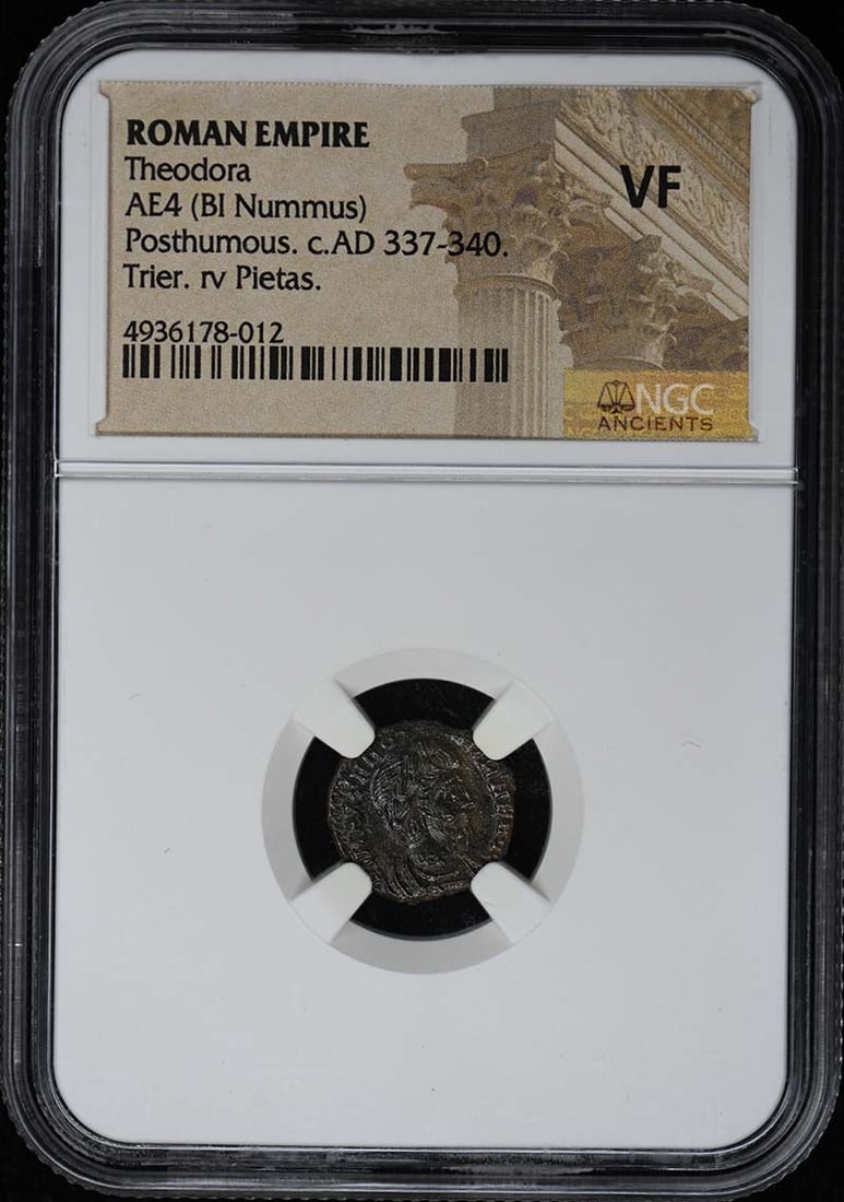 NGC VF Theodora AE4 Roman Empire Bronze Coin: NGC VF Theodora AE4 Roman Empire Bronze Coin This is a Roman Empire AE4 (BI Nummus) coin from the era of Theodora, certified and graded VF (Very Fine) by NGC. The coin originates from Italy and is in 