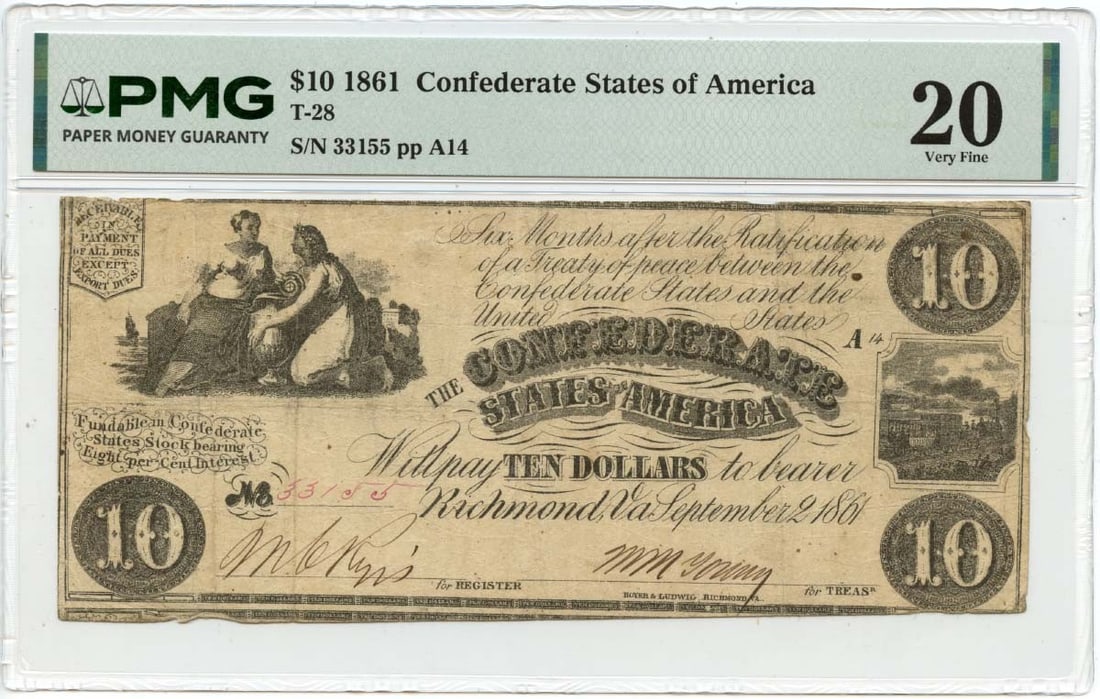 1861 Confederate States $10 PMG VF20 T-28 Note (1 of 2)