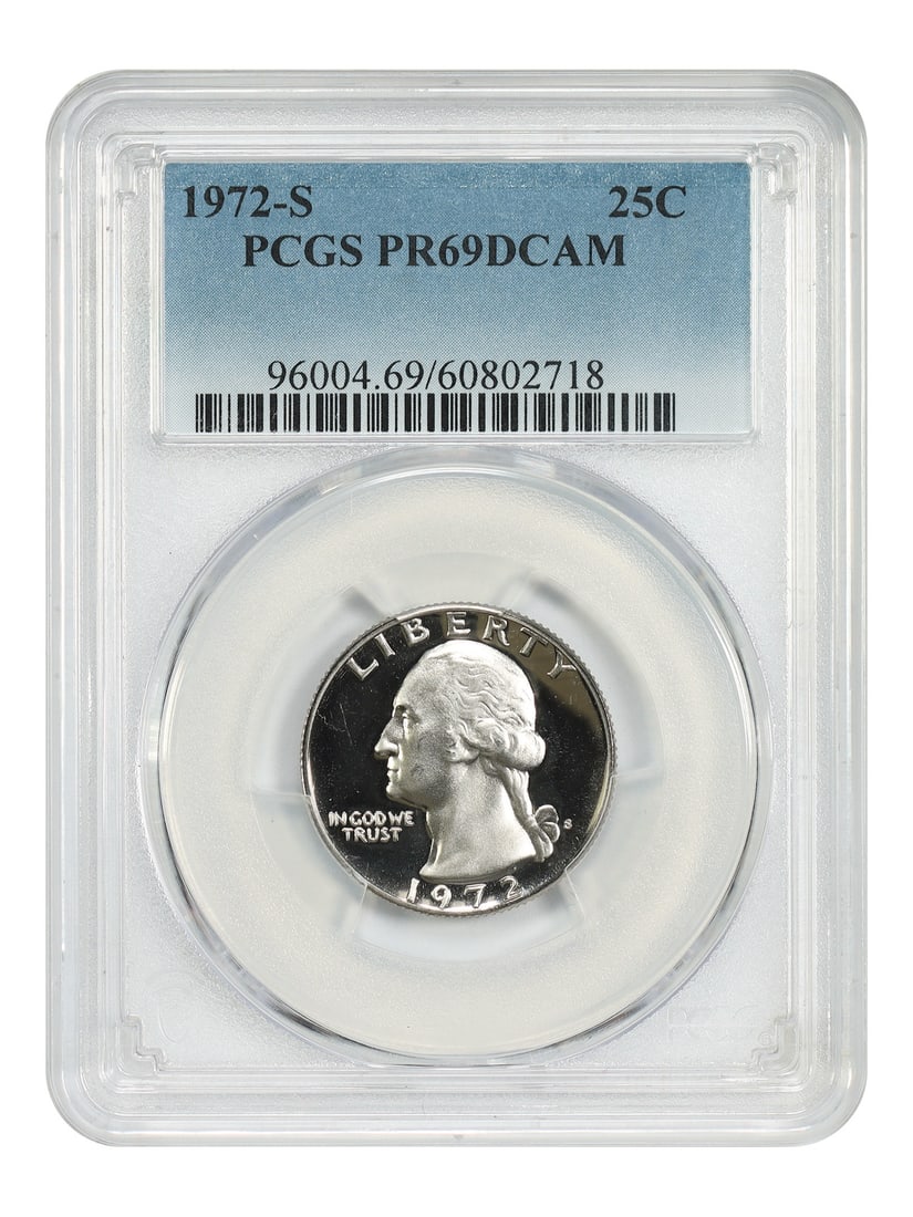 PCGS PR69DCAM 1972 S Washington Quarter 25C Proof: PCGS PR69DCAM 1972 S Washington Quarter 25C Proof 1972-S Washington Quarter certified by PCGS and graded PR69DCAM. This uncirculated coin is a 25C issue from the San Francisco mint and is listed as pr