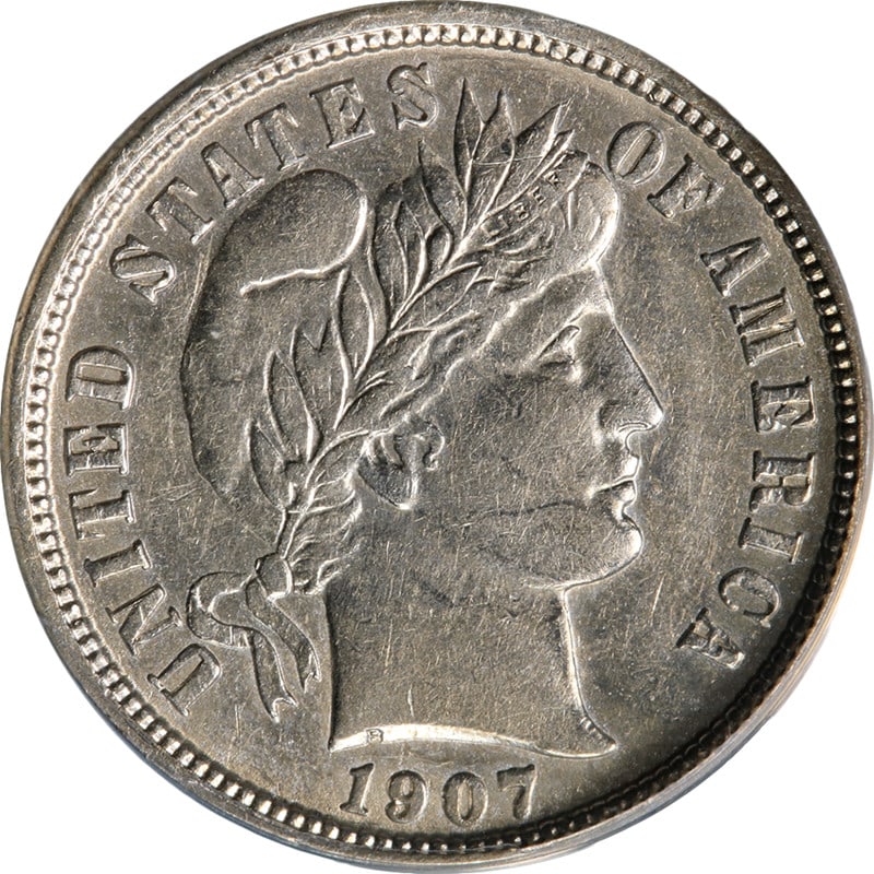 ANACS AU55 Details 1907-S Silver Barber Dime with Strong Eye Appeal: ANACS AU55 Details 1907-S Silver Barber Dime with Strong Eye Appeal This 1907-S Barber Dime is certified by ANACS with an AU55 Details grade. The coin, minted in San Francisco, is composed of 90% silv