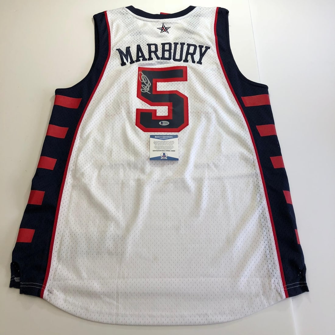 Stephon Marbury Autographed Team USA Basketball Jersey BAS Beckett: Stephon Marbury Autographed Team USA Basketball Jersey BAS Beckett This is a stitched basketball jersey autographed by Stephon Marbury, who played for the US National Team. The signature has been auth