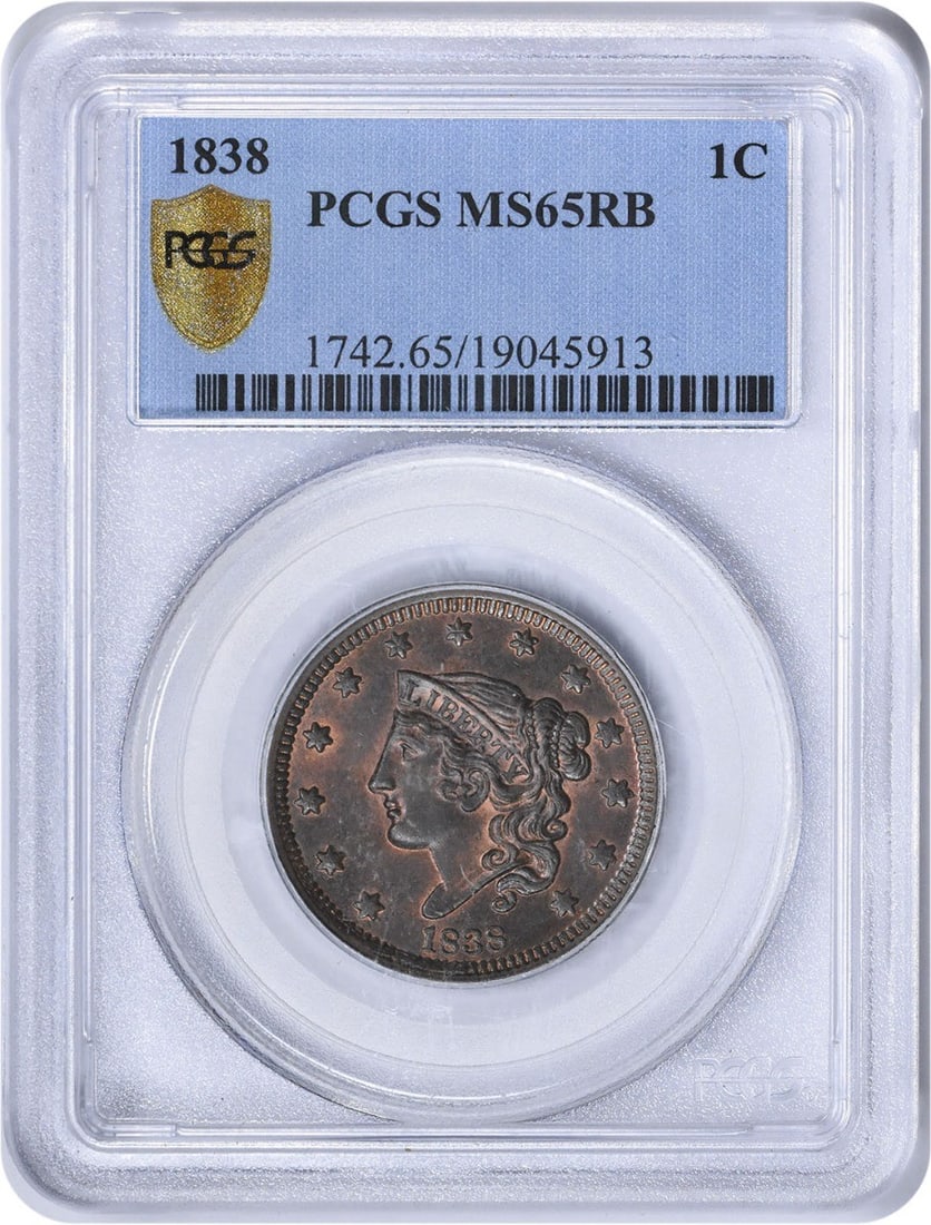 PCGS MS65RB 1838 Coronet Head Copper Large Cent: PCGS MS65RB 1838 Coronet Head Copper Large Cent This is an 1838 Coronet Head Large Cent from the United States, certified by PCGS with a grade of MS65RB. The coin is uncirculated and composed of coppe