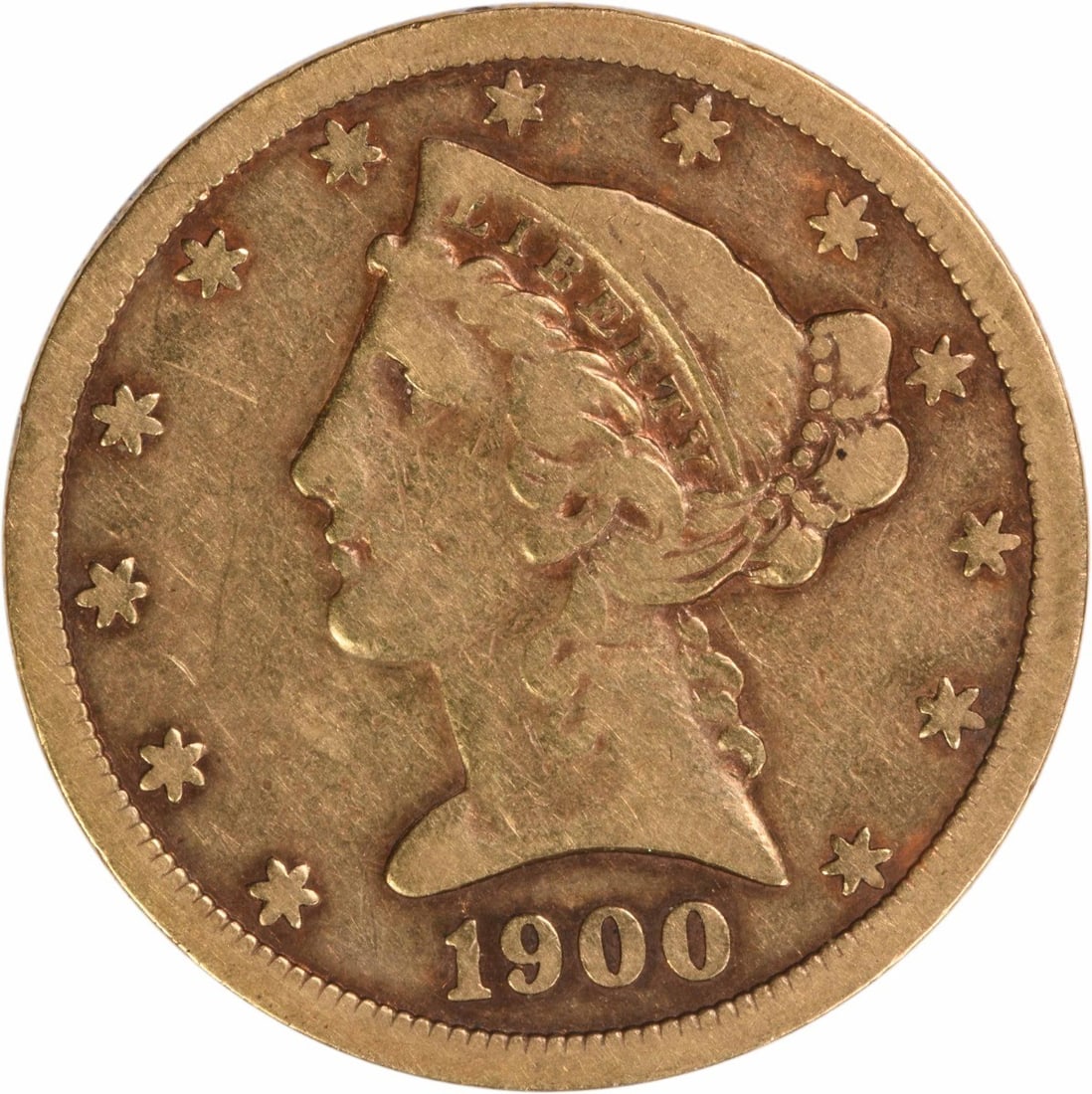 1900 Liberty Head Five Dollar Gold Coin Uncertified Philadelphia Mint: 1900 Liberty Head Five Dollar Gold Coin Uncertified Philadelphia Mint This is a 1900 $5 Liberty Head gold coin, designed by Christian Gobrecht and minted in Philadelphia. The coin is from the pre-1933