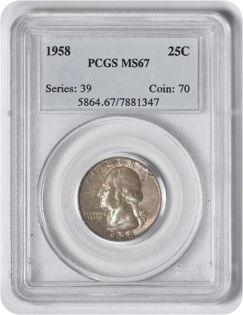 1958-P Washington Silver Quarter MS67 PCGS Uncirculated 90% Silver: 1958-P Washington Silver Quarter MS67 PCGS Uncirculated 90% Silver This 1958-P Washington Silver Quarter is a remarkable specimen graded MS67 by PCGS, indicating its exceptional quality and preservati