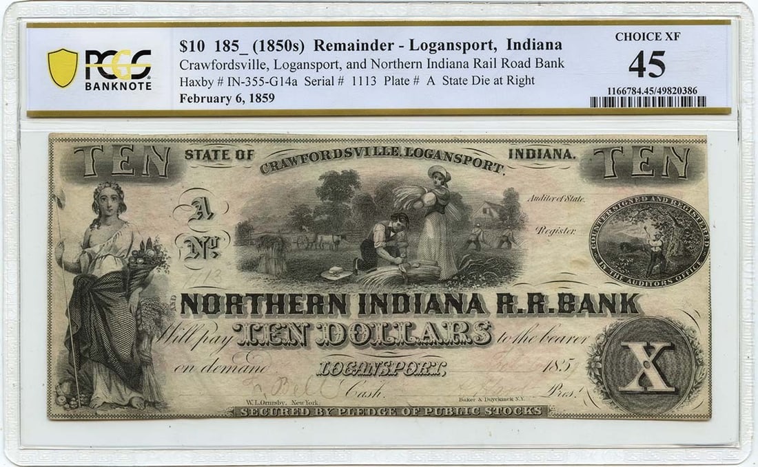 PCGS XF45 1859 Logansport Indiana $10 Rail Road Bank Note (1 of 2)