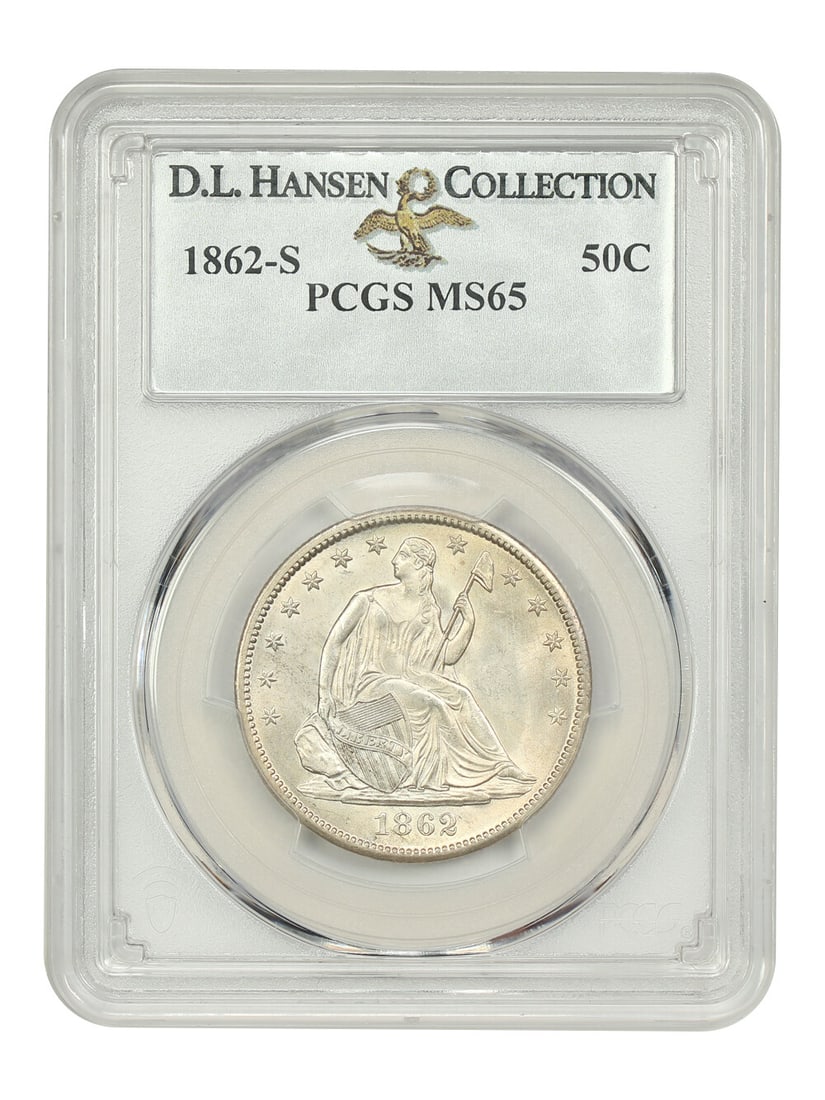 1862-S Liberty Seated Half Dollar PCGS MS65 D.L. Hansen Collection: 1862-S Liberty Seated Half Dollar PCGS MS65 D.L. Hansen Collection This 1862-S 50C Liberty Seated Half Dollar, graded MS65 by PCGS, represents an exceptional example of this historic coin. With a cert