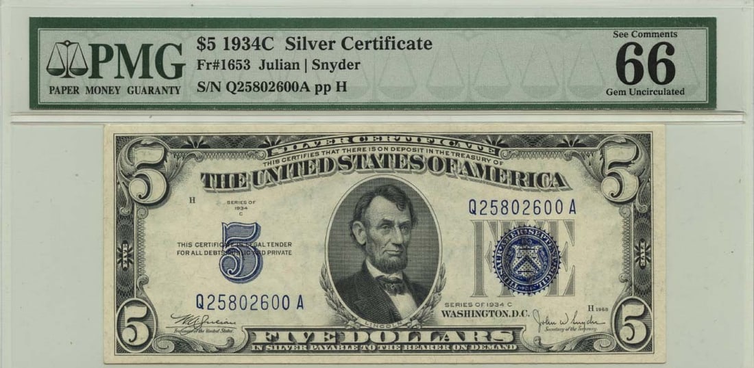 1934 $5 Silver Certificate Fr# 1653 PMG Gem 66EPQ Uncirculated: 1934 $5 Silver Certificate Fr# 1653 PMG Gem 66EPQ Uncirculated This 1934 $5 Silver Certificate, designated as Fr# 1653, is a remarkable piece for collectors. It has been certified by PMG with a grade 