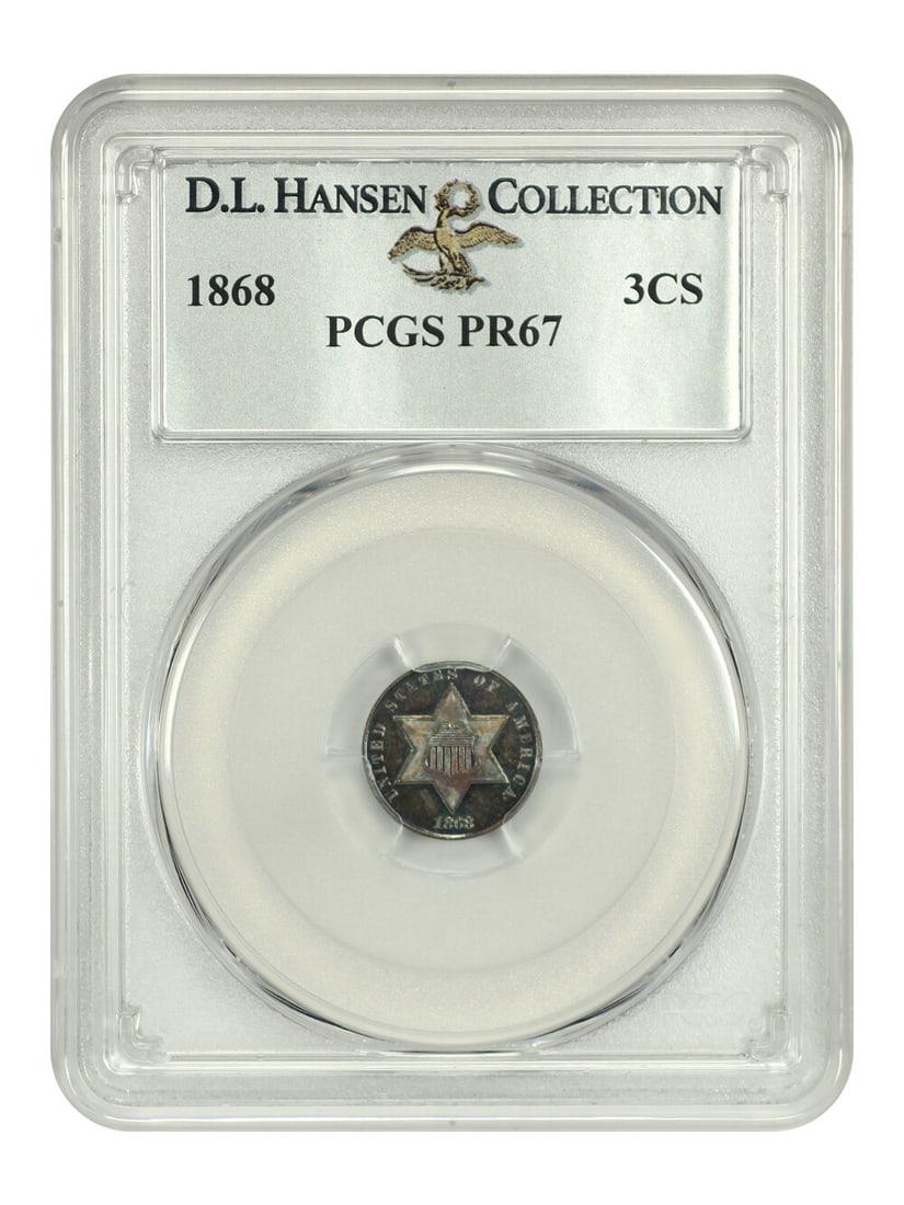 PCGS PR67 1868 Three Cent Silver 3CS ex D.L. Hansen: PCGS PR67 1868 Three Cent Silver 3CS ex D.L. Hansen 1868 Three Cent Silver coin certified by PCGS and graded PR67. Minted in Philadelphia, this uncirculated example comes from a low mintage of just 60