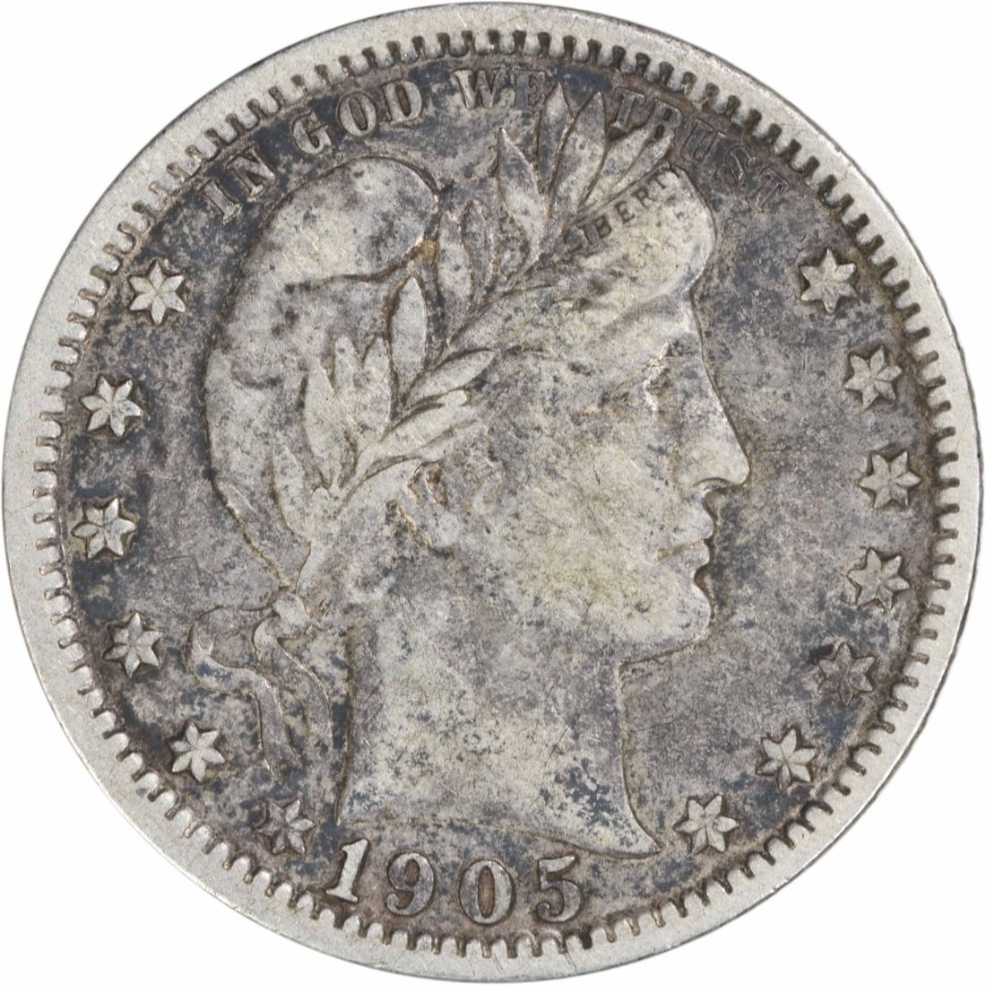 1905-O Barber Silver Quarter 25C VF Uncertified: 1905-O Barber Silver Quarter 25C VF Uncertified This 1905-O Barber Silver Quarter features a design by Charles E. Barber and is a notable collectible for numismatists. Struck in New Orleans, this quar