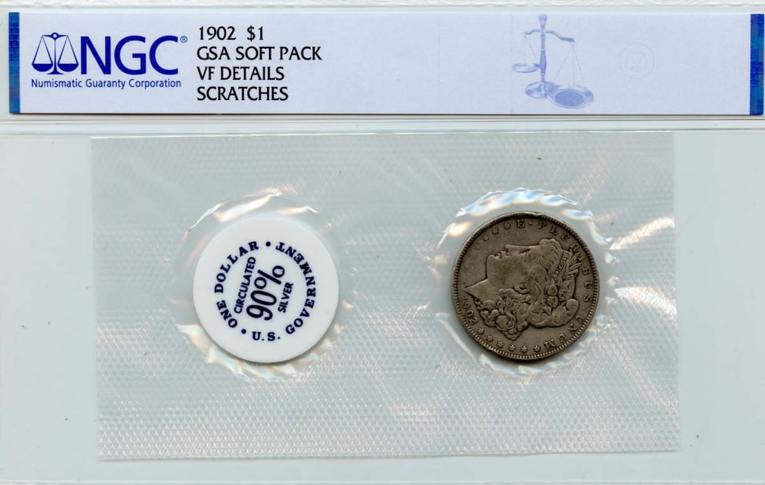 1902 Morgan Silver Dollar NGC VF Details GSA Soft Pack Issue: 1902 Morgan Silver Dollar NGC VF Details GSA Soft Pack Issue This is a 1902 Morgan Dollar in a GSA soft pack, certified by NGC with VF Details. The coin was minted in Philadelphia and is classified as