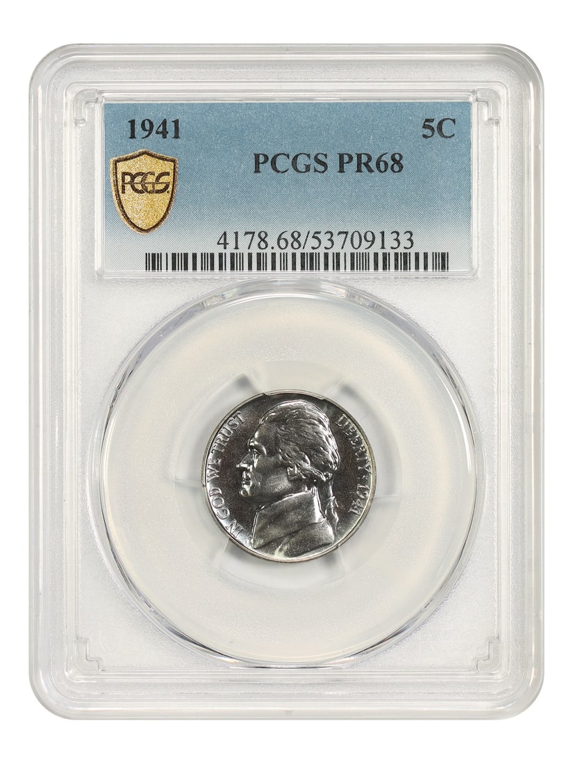PCGS PR68 1941 Jefferson Nickel 5C Philadelphia Proof: PCGS PR68 1941 Jefferson Nickel 5C Philadelphia Proof 1941 Jefferson Nickel, 5C denomination, struck in Philadelphia and certified by PCGS as PR68. This uncirculated proof represents the final full ye