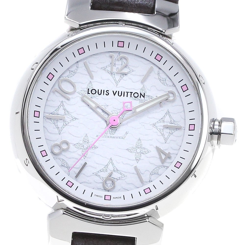 Louis Vuitton Tambour PM QA115 Monogram Quartz Womens Wristwatch: Louis Vuitton Tambour PM QA115 Monogram Quartz Womens Wristwatch A pre-owned Louis Vuitton Tambour PM Monogram quartz ladies wristwatch. It is a Swiss-made women's timepiece with a monogram design and